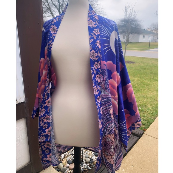 New Bohemian Moon & Stars Mixed Floral Print Kimono Cardigan Jacket Robe - Picture 17 of 17